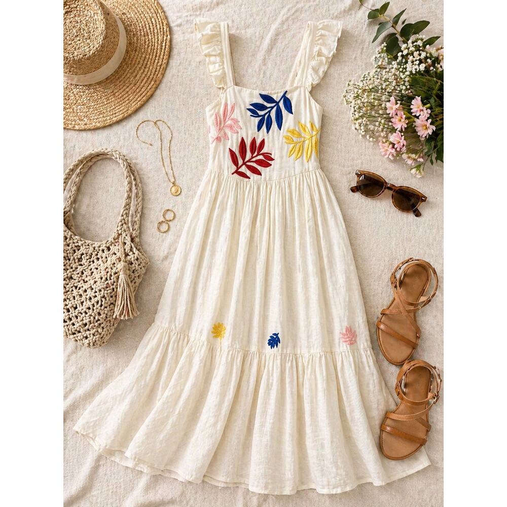 Carolina K Nika Linen Embroidered Floral Ruffle Tiered Dress Small Flawed